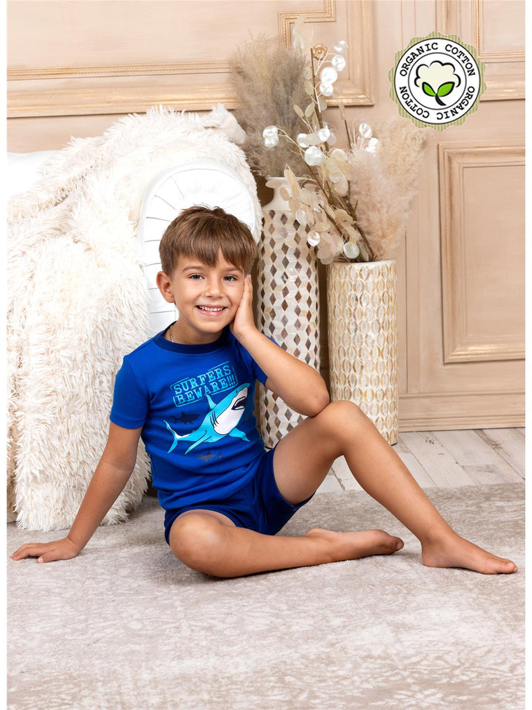 Prestigez Boys' Organic Cotton 2 Piece Pajama Set With Shorts Shark Surfers Beware