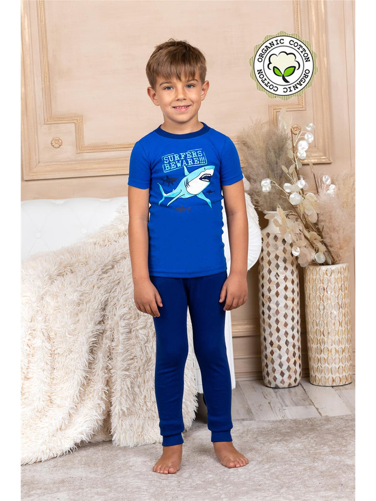 Prestigez Boys' Organic Cotton 4 Piece Pajama Set, Shark/Sharks