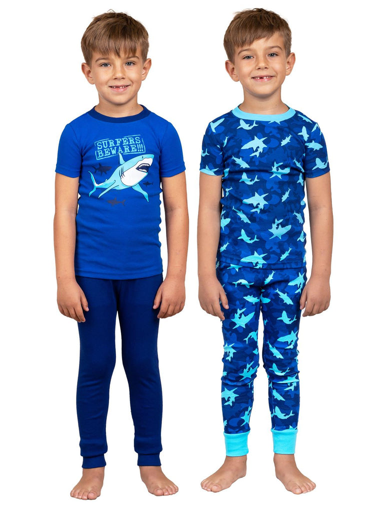 Prestigez Boys' Organic Cotton 4 Piece Pajama Set, Shark/Sharks