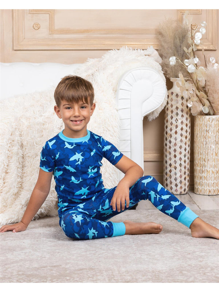 Prestigez Boys' Organic Cotton 4 Piece Pajama Set, Shark/Sharks