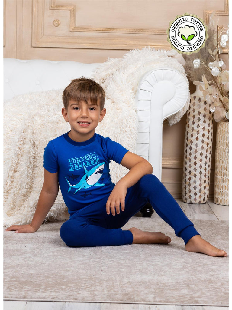 Prestigez Boys' Organic Cotton 4 Piece Pajama Set, Shark/Sharks