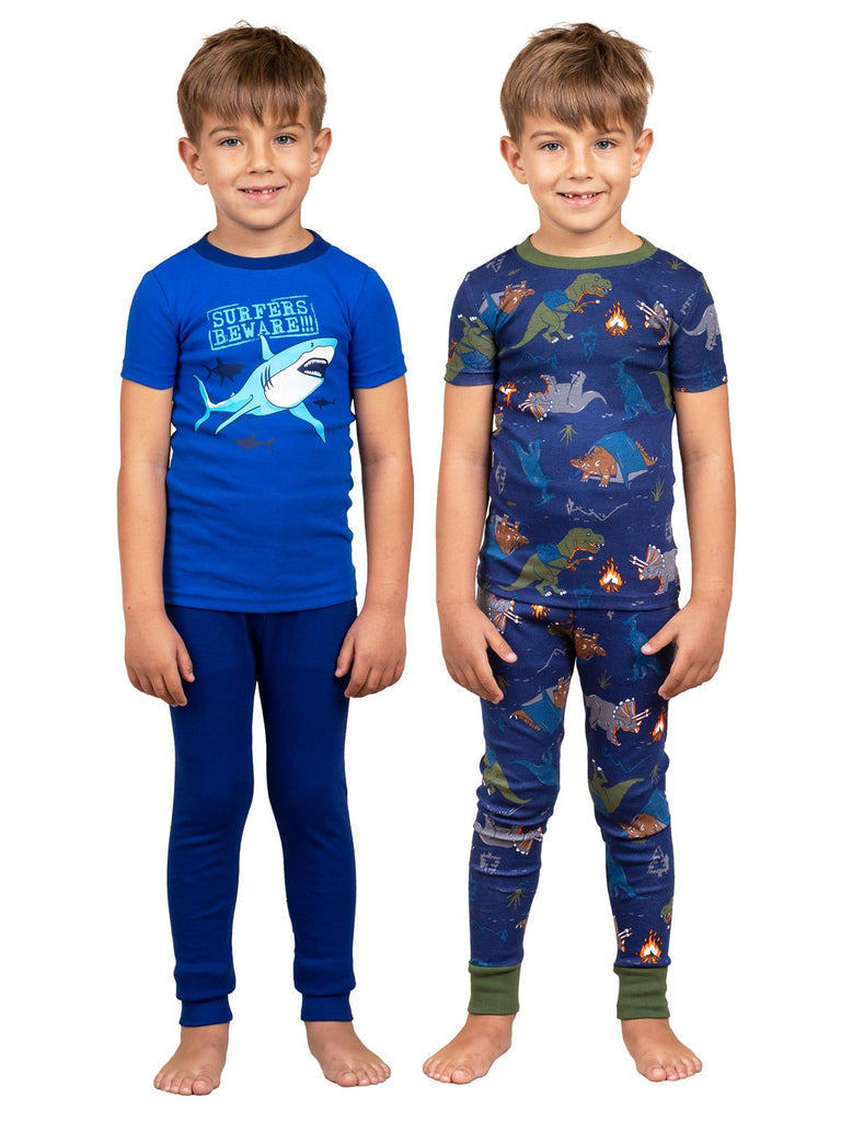 Prestigez Boys' Organic Cotton 4 Piece Pajama Set, Shark/Dinosaurs