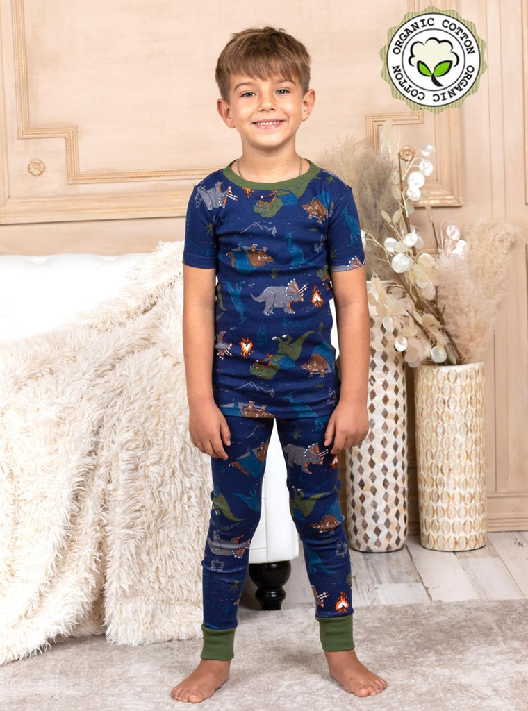 Prestigez Boys' Organic Cotton 4 Piece Pajama Set, Shark/Dinosaurs