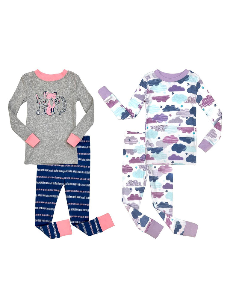Prestigez Girls' Toddler Organic Cotton 4 Piece Pajama Sleepwear Set, Clouds and Forest Friends