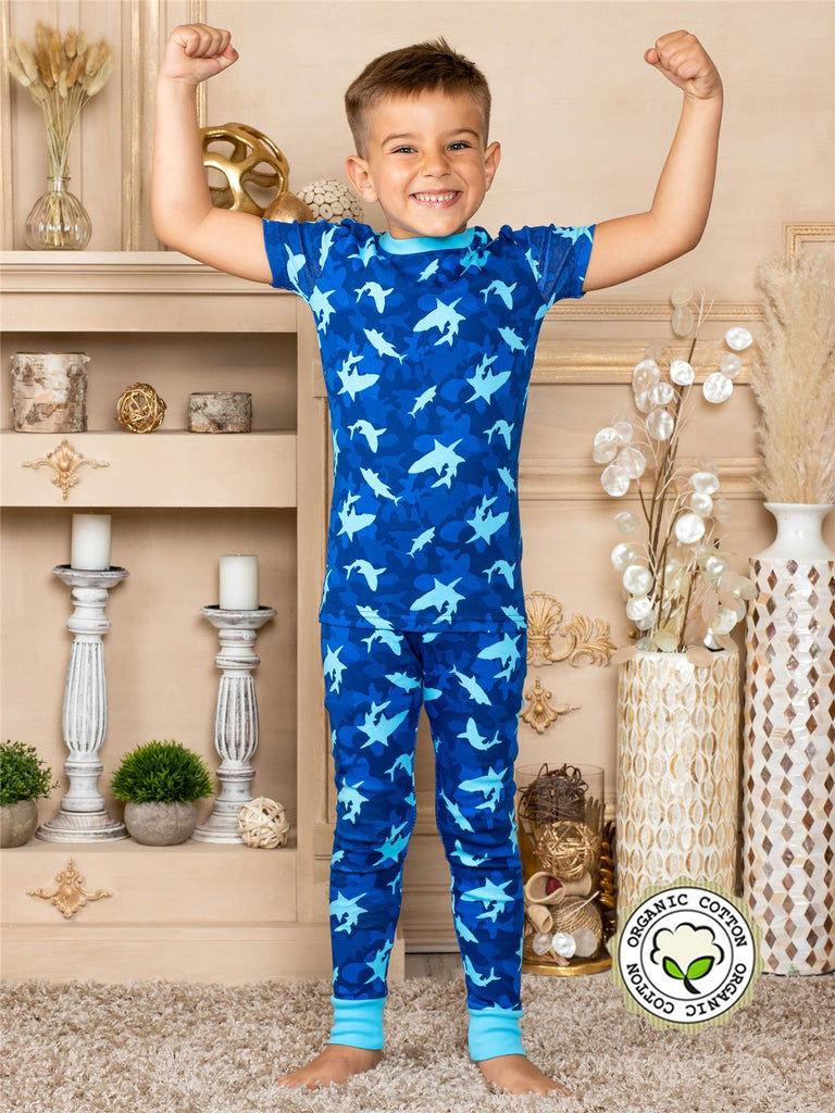 Prestigez Toddler Boys' Organic Cotton 4 Piece Pajama Set, Sharks/Dinos