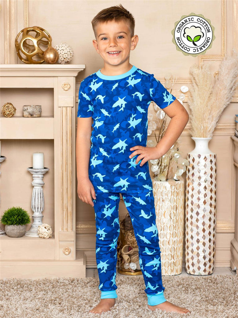Prestigez Toddler Boys' Organic Cotton 4 Piece Pajama Set, Sharks/Dinos