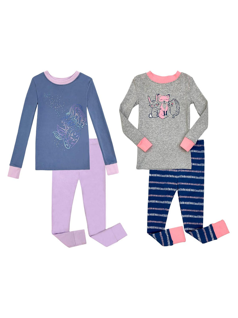 Prestigez Girls' Organic Cotton 4 Piece Pajama Sleepwear Set, Forest Friends and Mermaid