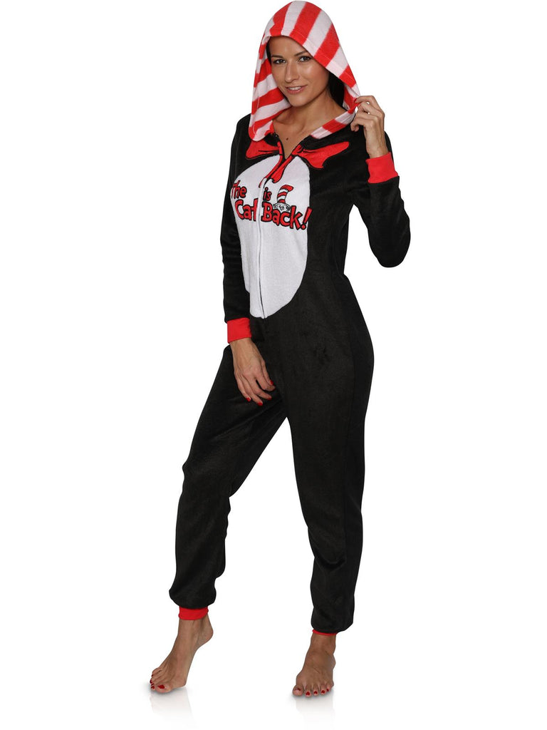 Dr.Seuss Womens Cat is Back Pajama Hooded Onesie - Cat in the Hat