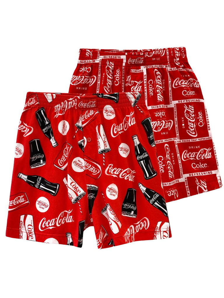 2 Pack Coca-Cola Men's Cotton Boxer Shorts Refreshing Coke Loungewear Bottoms, Red