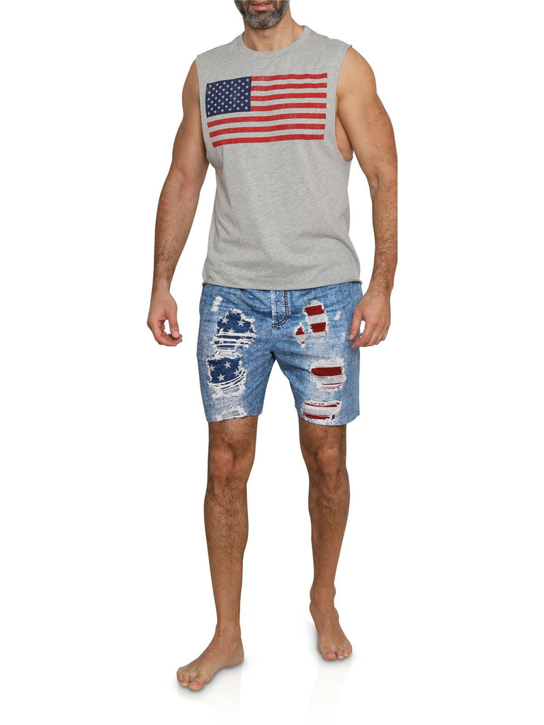 Men's Patriotic Pajama Lounge Tank Top And Faux Denim Shorts American Flag Loungewear