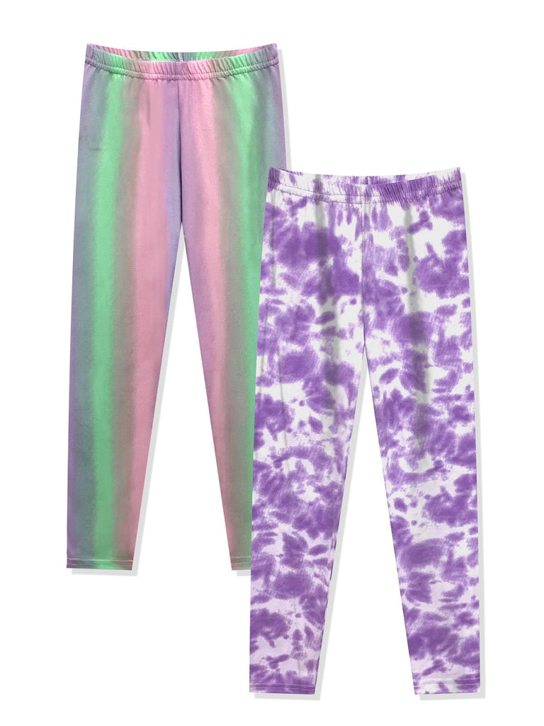 Prestigez Girls' Cute Fashion Printed Stretchy Tie Dye Leggings Yoga Pants Pack of 2, Pastel Multi-Color/Purple