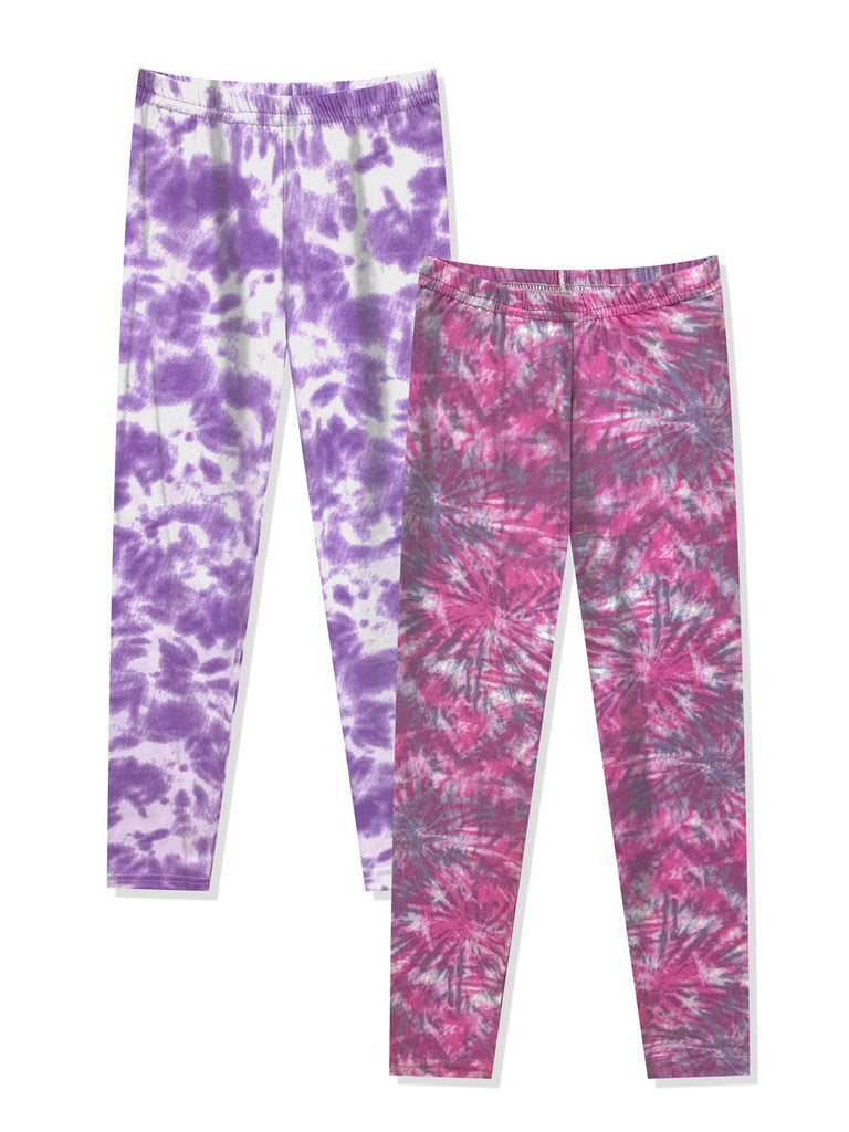 Prestigez Girls' Cute Fashion Printed Stretchy Tie Dye Leggings Pants Pack of 2, Fuchsia/Purple